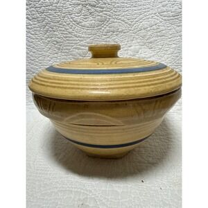 Vintage YellowWare  Ceramic Mixing Bowl with Lid Blue Stripes marked 7